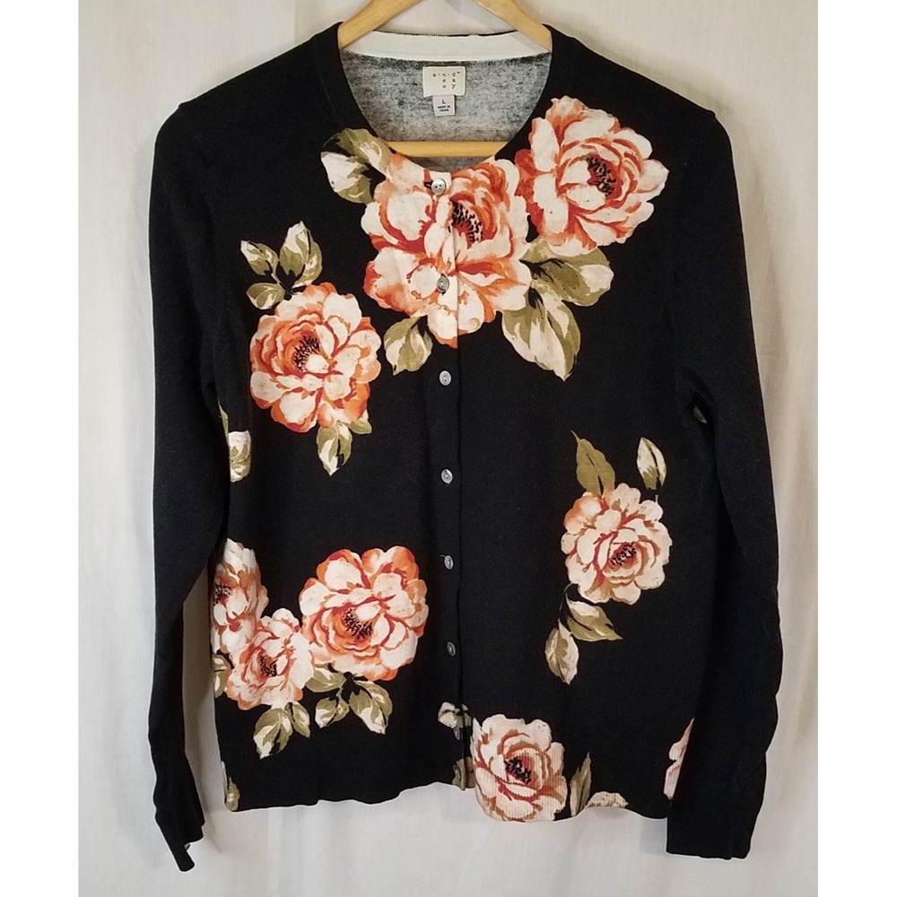 A New Day Woman's L Black Floral Print Button Down Crew Neck Cardigan - Picture 1 of 5